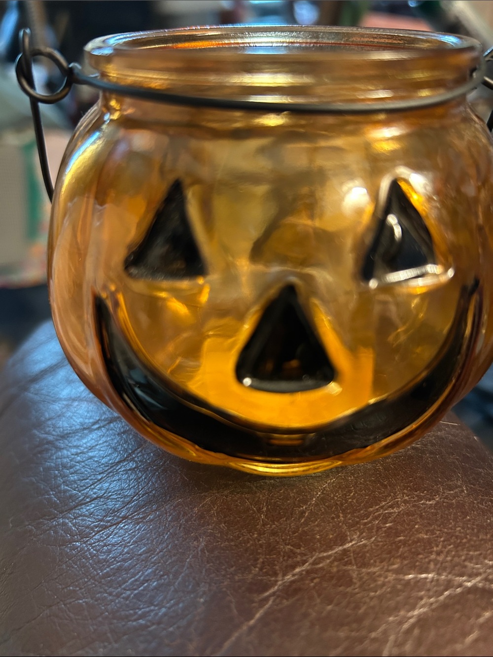 Vintage Amber Glass Jack-O'-Lantern votive Candle Holder - 3.2” x 4” EUC